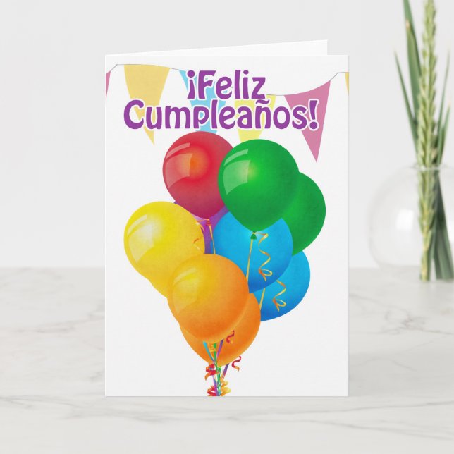 Cartão ¡ Feliz Cumpleaños com balões e estamenha (Frente)