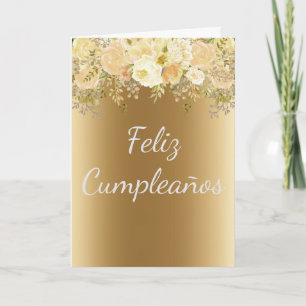 Cartão Feliz Cumpleaños Espanha Flor Dourado Aniversário