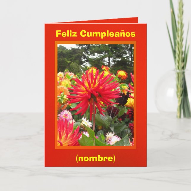Cartão Feliz Cumpleaños - Las Dalias Rojas y Amarillas (Frente)