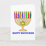 Cartão feliz de Hannukah Menorah<br><div class="desc">Um menorah brilhante de Hannukah com as palavras Hannukah feliz dá boas-vindas ao feriado.   Comer feliz do latke!</div>