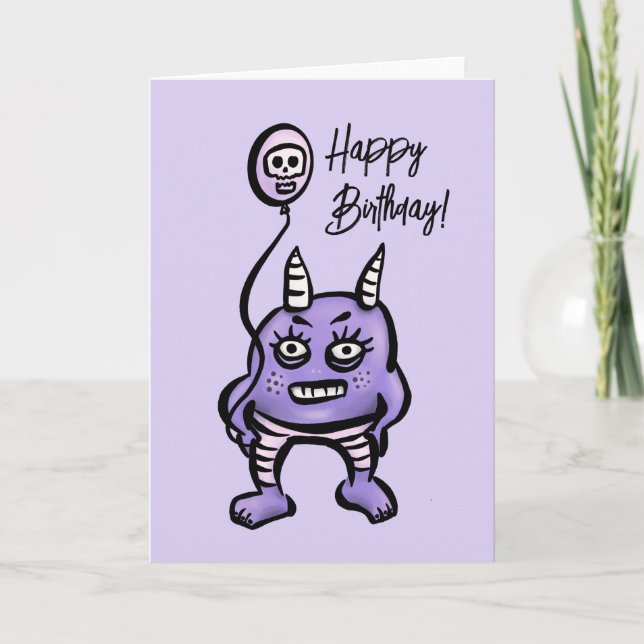 Cartão Feliz Demônio Roxo Pastel Whimsigoth Aniversário (Frente)