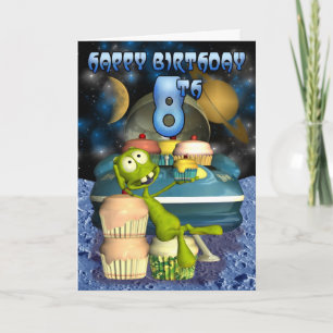 Cartão Feliz dia 8 de aniversário, garoto de plantet, esp