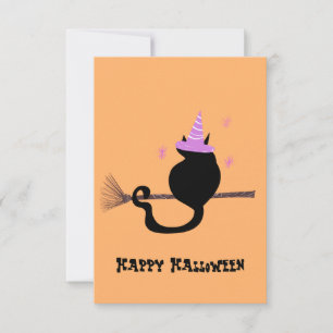 Cartão Feliz Dia das Bruxas Gato Preto Chapéu de Bruxa e