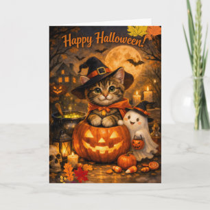 Cartão Feliz Dia das Bruxas Kitty & Carta de Fantasma • A