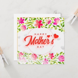 Cartão Feliz Dia das Mães Aquarela Flores Rosa e Corações