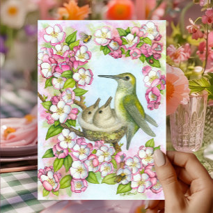 Cartão Feliz Dia das Mães Beija-flor Flores Rosa