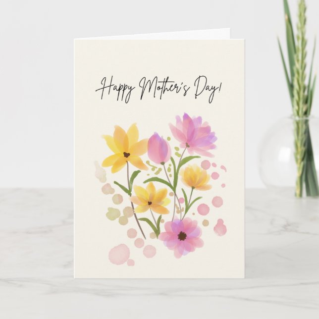 Cartão Feliz Dia das Mães com Flores Rosa e Amarela (Frente)