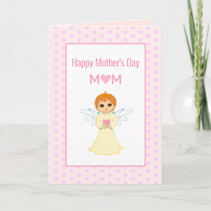 Cartão Feliz Dia das Mães, Corações Rosa e Anjo