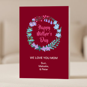 Cartão Feliz Dia das Mães Floral Coroa de Flores Rosa Azu