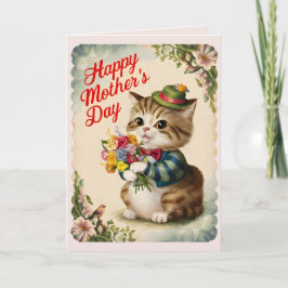 Cartão Feliz Dia das Mães Gatinho Vintage Fofo Personaliz