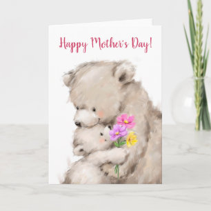 Cartão Feliz Dia das Mães, mãe e filhote de urso se abraç