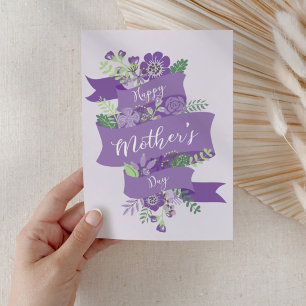 Cartão Feliz Dia das Mães Moderno em Roxo com Letra Flora