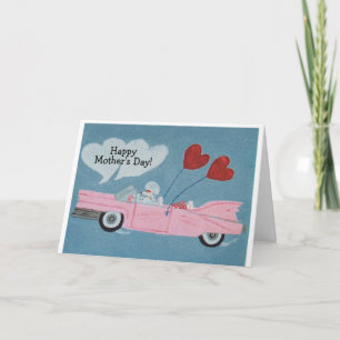 Cartão Feliz Dia das Mães! Poodle em conversível rosa