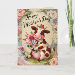 Cartão Feliz Dia das Mães Retro Vaca Vintage