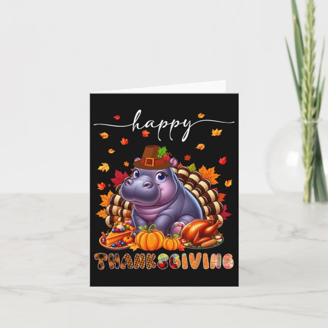 Cartão Feliz Dia de Ação de Graças Hippo Figurume Turquia (Frente)