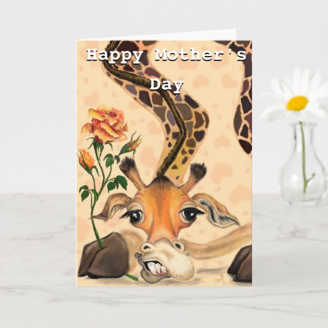Cartão Feliz Dia de as mães Card Giraffe com Rosa (Planta pequena)