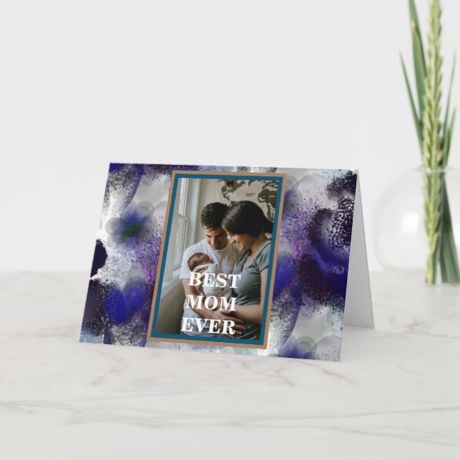 Cartão Feliz dia de as mães Floral Púrpura Azul de Fotogr (Frente)