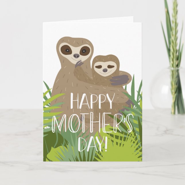 Cartão Feliz Dia de as mães Sloth Mãe e Bebê (Frente)