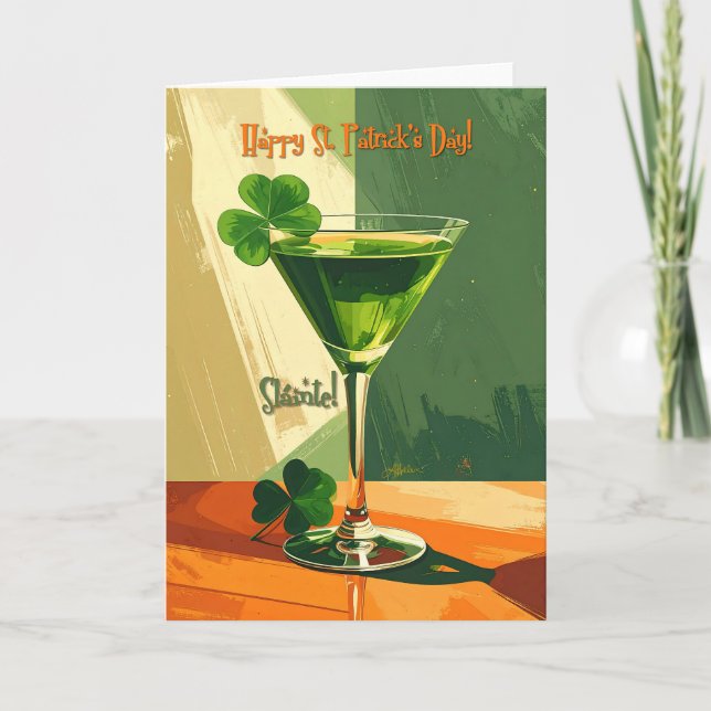 Cartão Feliz Dia de São Patrício Shamrock Martini (Frente)