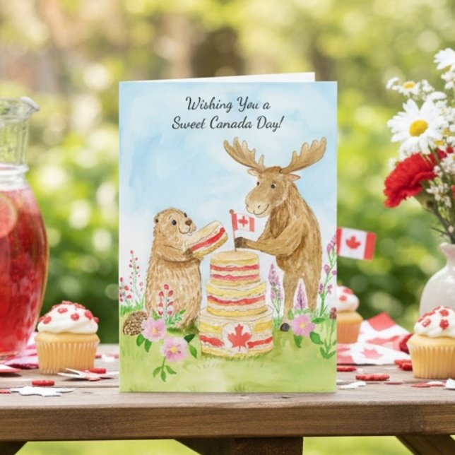 Cartão Feliz Dia do Canadá Bolo de Castor e Alce (Criador carregado)
