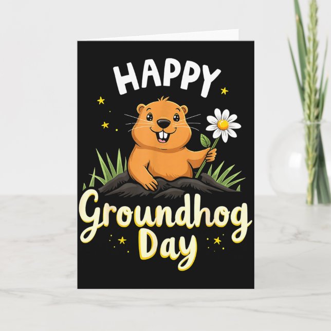 Cartão Feliz Dia do Groundhog Com Flor _1  (Frente)