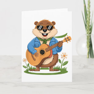 Cartão Feliz Dia do Groundhog Tocando Violão Animal Engra