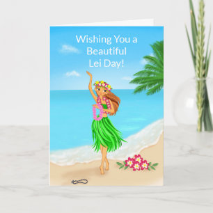 Cartão Feliz Dia do Lei Havaiano Garota do Hula Praia