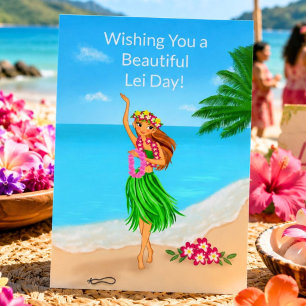 Cartão Feliz Dia do Lei Havaiano Garota do Hula Praia