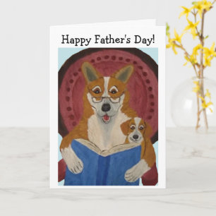 Cartão Feliz Dia dos Pais Corgi lendo para Cachorro