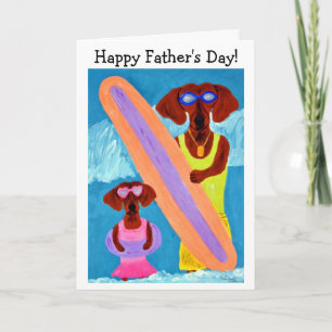 Cartão Feliz Dia dos Pais Dachshund Surfista com filhote
