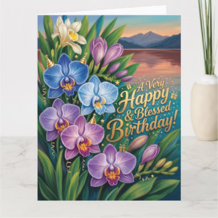 Cartão Feliz e Abencoado Aniversário Saudação Orquídea