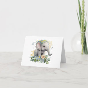Cartão Feliz Elefante de Aquarela Bebê com VAZIO de Flore