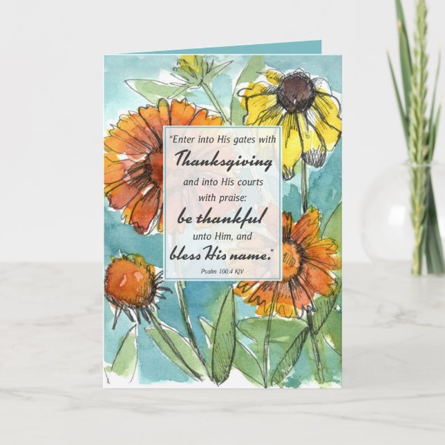 Cartão Feliz Escritura de Ação de Graças Flores de Queda  (Frente)