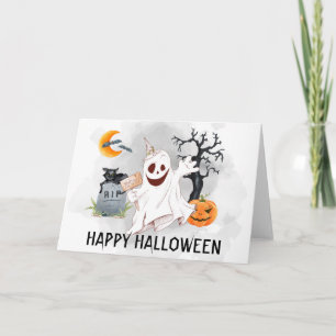 Cartão Feliz Fantasma de Halloween Aquarela
