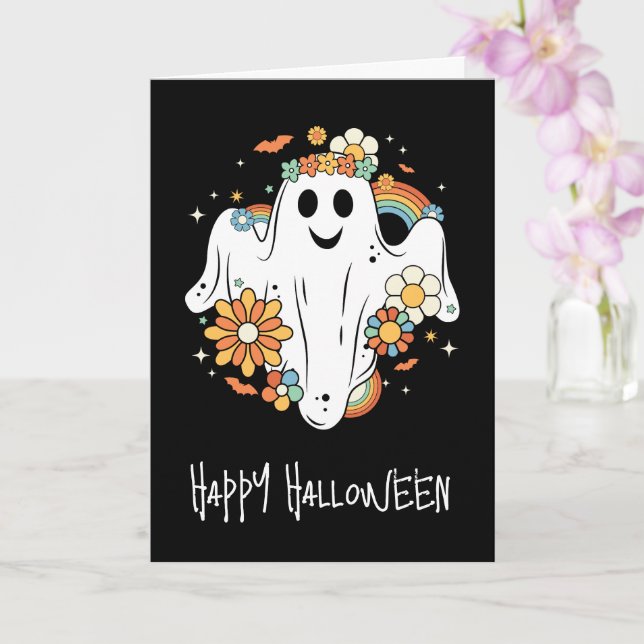 Cartão Feliz Fantasma Retro Hippie Vibe Halloween (Orquídea)