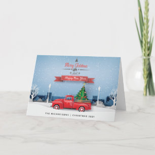 Cartão Feliz Feliz ano novo de Natal Caminhão Vermelho