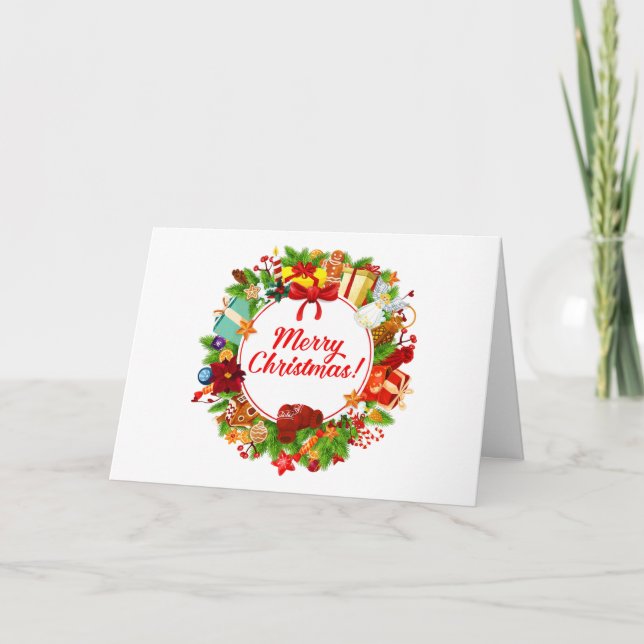 Cartão Feliz Fúria de Natal com Ornamentos e Presentes (Frente)