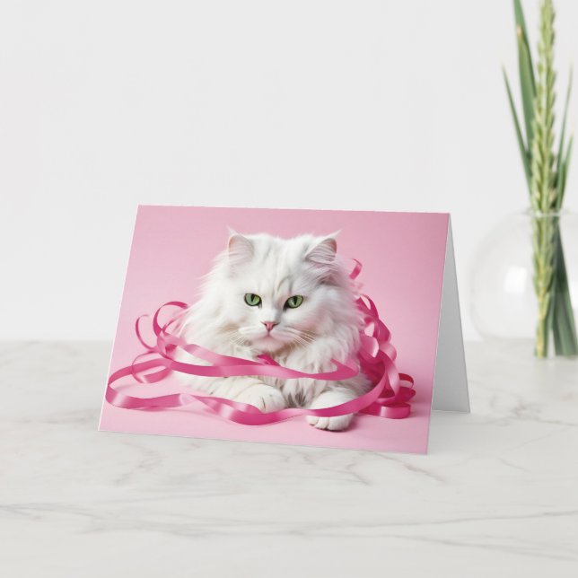 Cartão Feliz Gato De Aniversário Em Fitas Rosa (Frente)