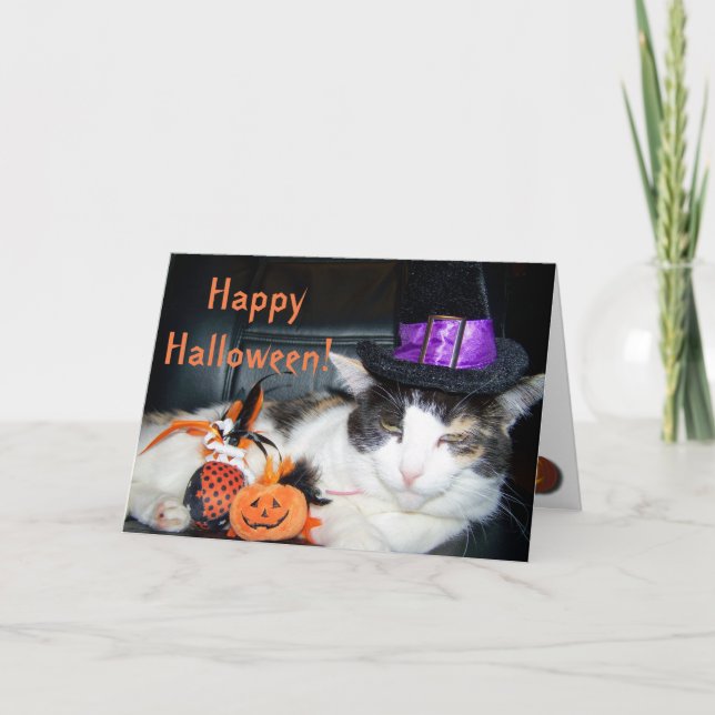 Cartão Feliz Gato de Bruxas de Halloween (Frente)