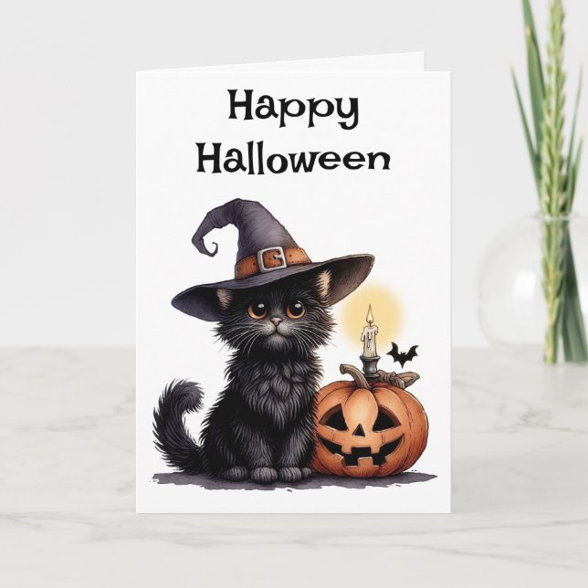 Cartão Feliz Gato de Halloween em um Chapéu de Bruxa (Frente)