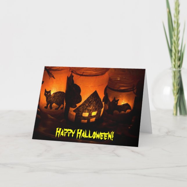Cartão Feliz Gato Negro de Halloween, Bat Hunted House, Z (Frente)