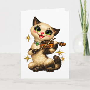 Cartão Feliz Gato Siameses Tocando Violino Retro Meados d