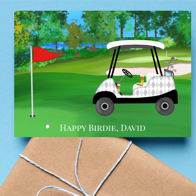 Cartão Feliz Golfe De Aniversário Com Carrinho, Cerveja,  (Tee up the perfect birthday celebration for your golf-loving, beer-sipping friend!)