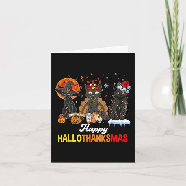 Cartão Feliz Hallothanksmas Black Cat Halloween Graças (Frente)