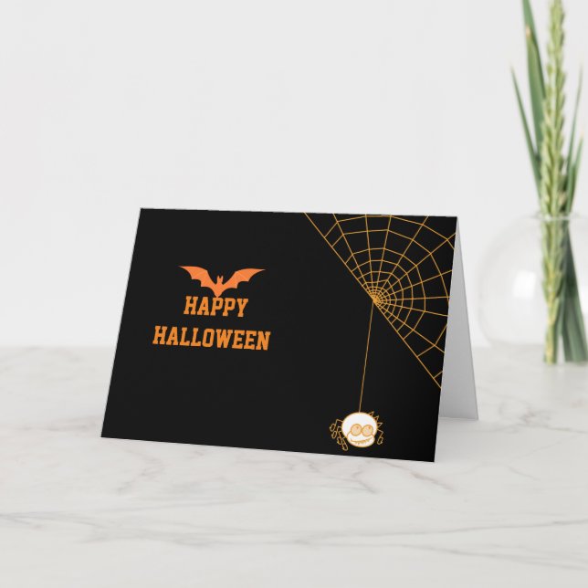 Cartão Feliz Halloween 2020 com Black Bat and Spider web (Frente)