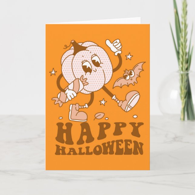 Cartão Feliz Halloween| Abóbora de Pontos Polka Retro (Frente)
