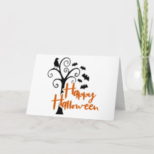 Cartão Feliz Halloween Árvore Morta Preta Laranja Morcego