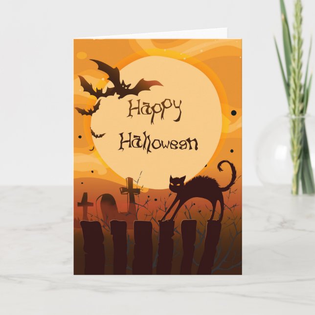 Cartão Feliz Halloween Black Cat and Bats (Frente)