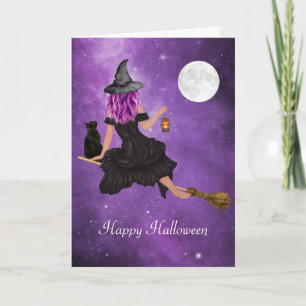 Cartão Feliz Halloween Bruxa Mágica Voadora