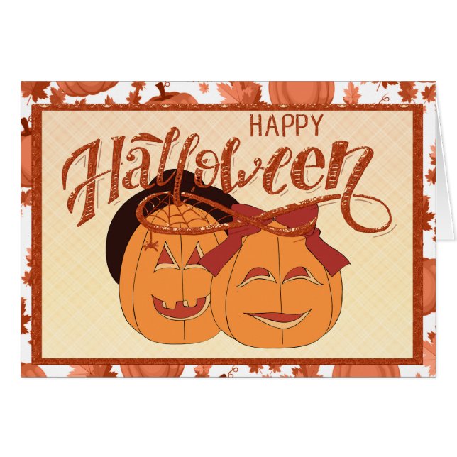Cartão Feliz Halloween Casal de Abóboras (Frente Horizontal)